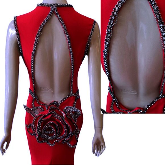 TARIK EDIZ 92607 Beaded 3-D Flower Back RED Dress Size 40/US 8 - Picture 12 of 14